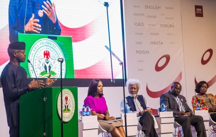 VP Yemi Osinbajo with panelists at the BBC News Countering Fake News Conference. L-R, Uche Pedro, Wole Soyinka, Festus Okoye of INEC and Funke Egbemode, Editor-in-chief of Daily Telegraph