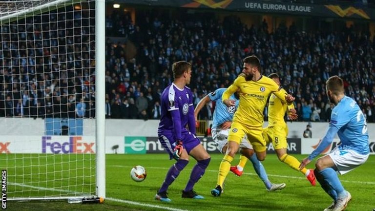 Olivier Giroud scored an exquisite flick as Chelsea beat Malmo 2-1 in Sweden