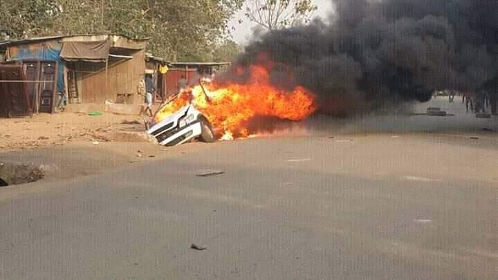 One of the APC vehicles burnt by the hoodlums in Abuja