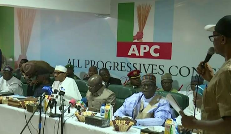 President Muhammadu Buhari at the APC caucus meeting in Abuja on Monday