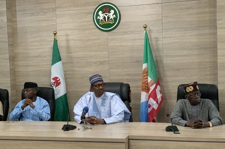 Vice President Yemi Osinbajo, President Muhammadu Buhari and Asiwaju Bola Tinubu at the APC Presidential Campaign Council office in Abuja on Wednesday morning