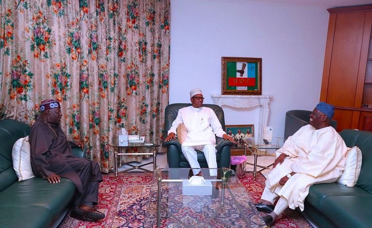 President Muhammadu Buhari with Chief Bisi Akande and Asiwaju Bola Tinubu at the State House in Abuja