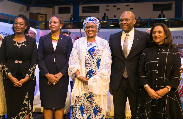 Incoming CEO, Tony Elumelu Foundation (TEF), Mrs Ifeyinwa Ugochukwu; Outgoing CEO, Mrs Parminder Vir; Wife to the President of Nigeria, Mrs Aisha Buhari; Founder, The Tony Elumelu Foundation(TEF), Mr. Tony Elumelu; and Trustee , TEF; Dr Awele Elumelu, during the announcement of 3,050 entrepreneurs of the 5th cycle of Tony Elumelu Foundation Entrepreneurship Programme held in Abuja on Friday
