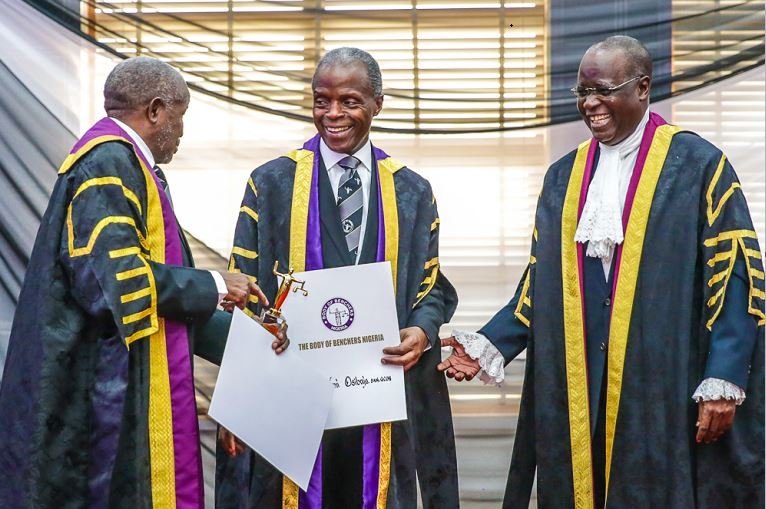 VP Osinbajo with acting Chief Justice of Nigeria, Hon. Justice Dr. Tanko Mohammed (L) and Chairman Body of Benchers, Alh. Bashir. M. Dalhatu (R) as he was preferred with the prestigious award of Life Bencher