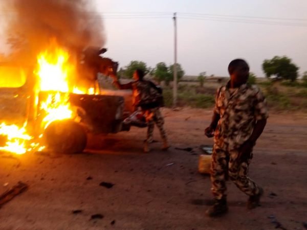 FILE: Boko Haram terrorists’ truck set on fire by Nigerian troops in Damaturu