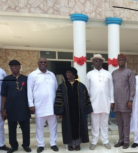 (Right) Mr. Edobor Iyamu, the Senior Special Assistant to the President, on Economic matters, Office of the Vice President (who represented Vice President Yemi Osinbajo); Pro-Chancellor/Chairman of the Governing Counciil, Nigeria Maritime University, Chief Timipre Sylva; Vice-Chancellor, Nigeria Maritime Univeresity, Prof. Ongoebi Muareen Etebu; and the Acting Governor of Delta State, Barr. Kingsley Otuaro; during the Institution's Matriculation ceremony on Saturday