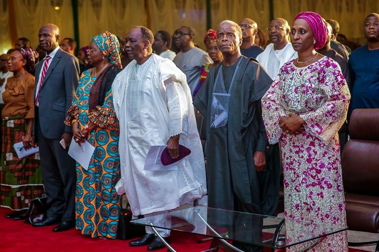 VP Osinbajo and his wife, Mrs. Dolapo Osinbajo; Fmr. Head of State, Gen. Yakubu Gowon and wife, Victoria Gowon at the Service of Thanksgiving for Gods Great Mercies in Abuja