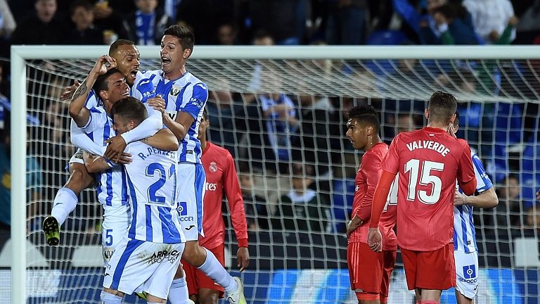 Leganes players celebrate scoring against Real Madrid on Monday