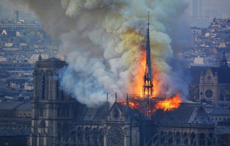 The Notre-Dame Cathedral on fire