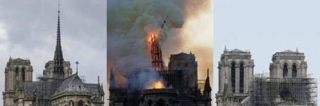 The cathedral's spire, before, during the fire and after