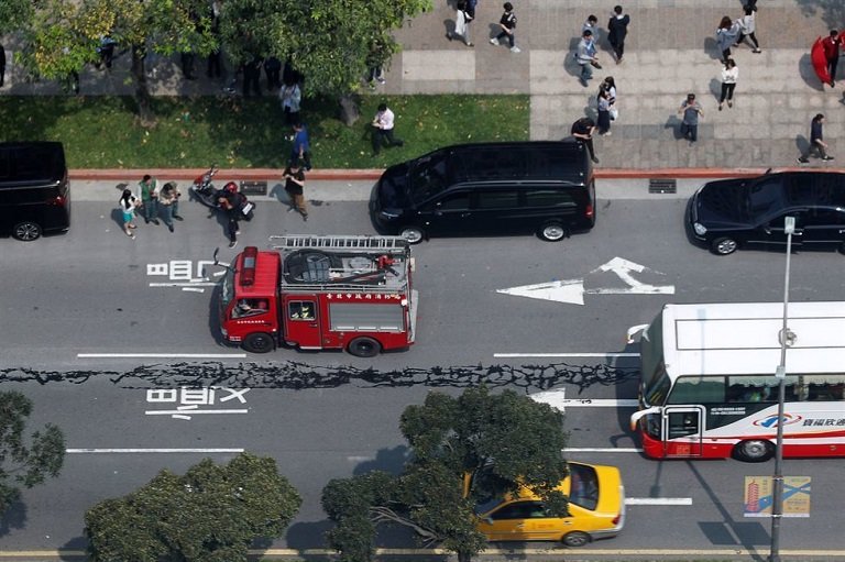 A major road in the center of Taipei is seen damaged after an earthquake in Taipei, Taiwan April 18, 2019