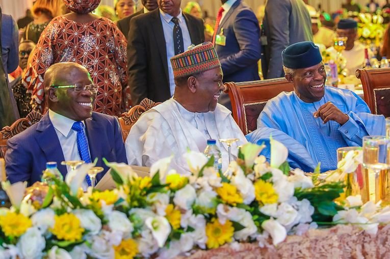 Vice President Osinbajo with Former Head of State, Gen. Yakubu Gowon and APC national chairman, Comrade Adams Oshiomole