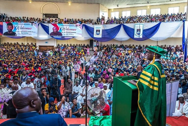 Vice President Yemi Osinbajo delivering his speech at the 23rd convocation of the Lagos State University, LASU.