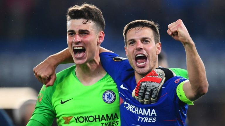 Kepa Arrizabalaga and Cesar Azpilicueta celebrate Chelsea's win