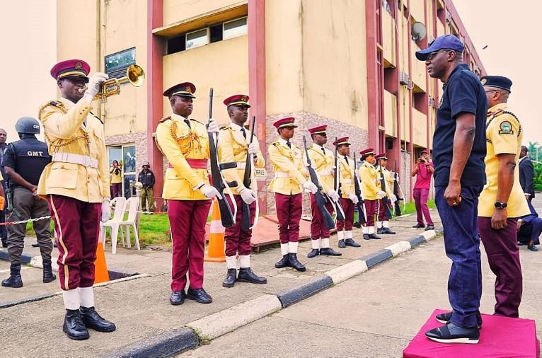 Governor Babajide Sanwo-Olu, inspecting the guard of honour during his visit to the LASTMA Yard, Oshodi