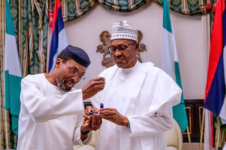 Judge Chile Eboe-Osuji of the ICC and President Muhammadu Buhari at the State House in Abuja