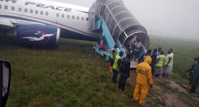 Passengers disembarking from the Air Peace Airliner that overshot runway in Port Harcourt