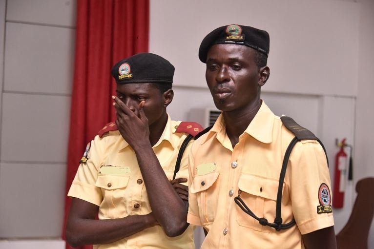 Two LASTMA Officers paraded for alleged extortion at a press conference in Lagos House, Alausa, Ikeja