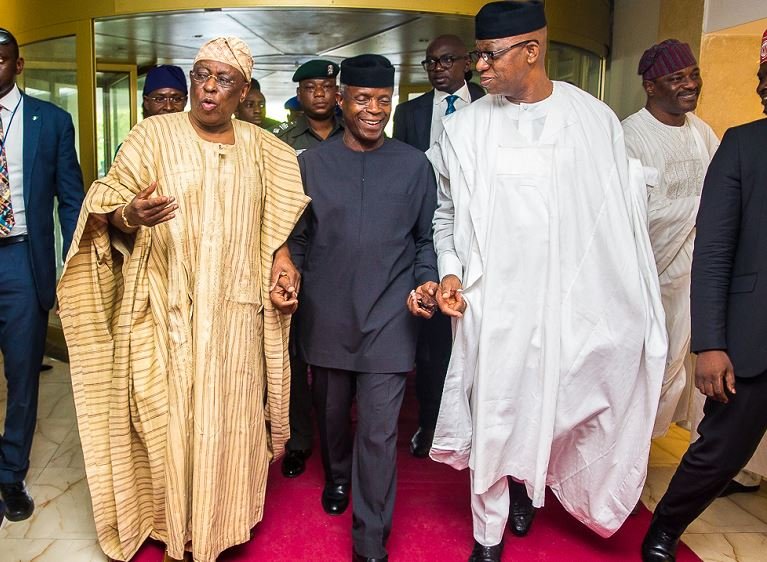 Vice President Yemi Osinbajo attends public presentation of the book titled 'BATTLELINES' by Chief Olusegun Osoba in Lagos. 8th July, 2019.