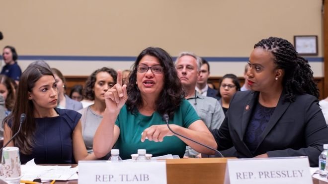 Rashida Tlaib (centre), who responded by calling Trump "a lawless and complete failure of a president", with Alexandria Ocasio-Cortez (left) and Ayanna Pressley (right)