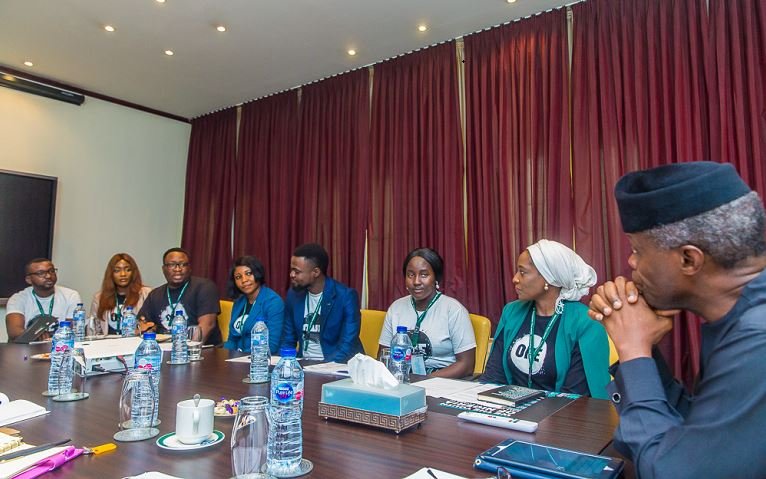 Vice President Yemi Osinbajo with (R-L) Serah Makka-Ugbabe; Wadi Ben-Hirki; Obisesan Olalekan; Ndubuisi Maurice; Olawale Makanguola; Ntami Eborty; John Idikwu