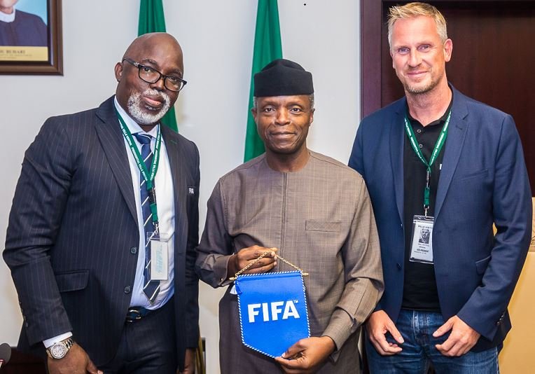 Vice President Yemi Osinbajo (middle) with Nigeria Football Federation (NFF) Amaju Pinnick and Head of FIFA inspection team, Mr Kaj Heyral
