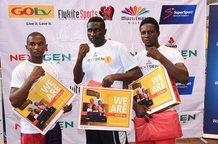 L-R: Abolade Akintunde 3rd place, Alaba Omotola 1st place and Uhibudon Okafor 2nd place during the GOtv Boxing NextGen Search 5 held at the Indoor Sports Hall of Kwara State Stadium today Friday 30th of August 2019