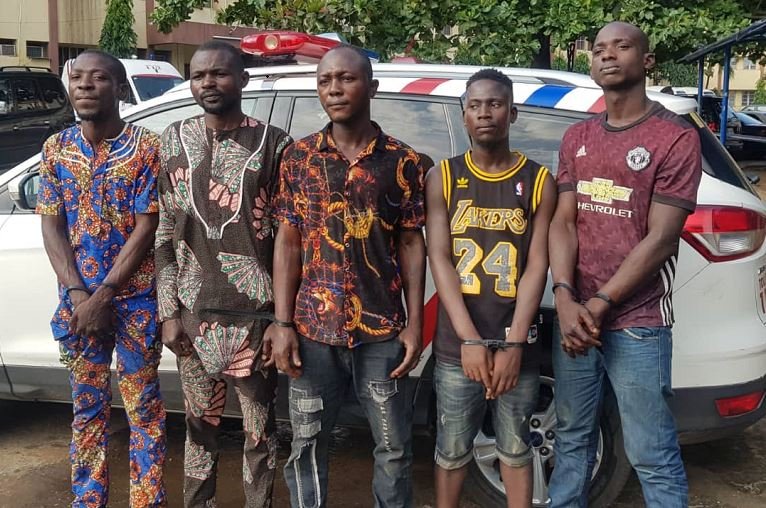 The five suspects arrested by the Rapid Response Squad in Lagos for stealing and attempting to sell a Bolt car