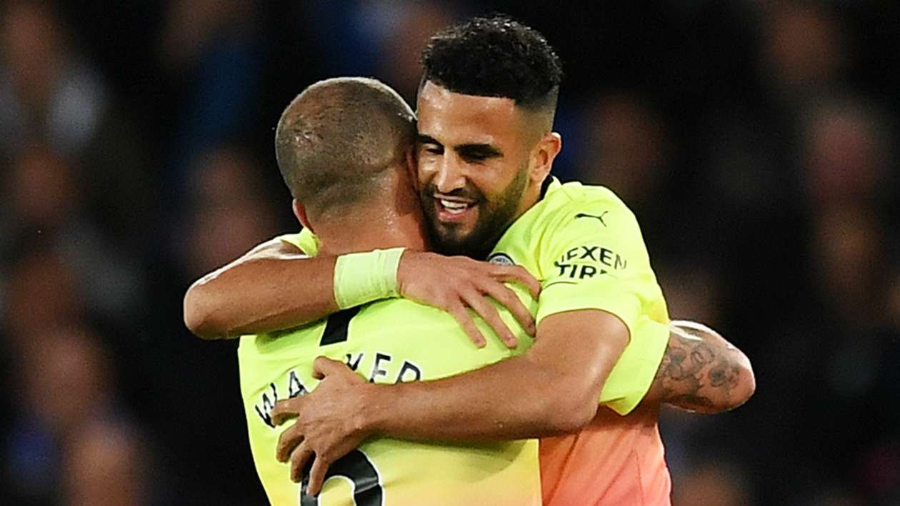 Riyad Mahrez celebrates goal with teammate