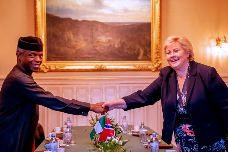 Vice President Yemi Osinbajo SAN with Prime Minister Erna Solberg of Norway at the Government House