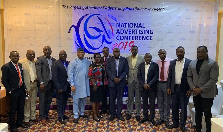 Acting Registrar, Advertising Practitioners Council of Nigeria (APCON), Mrs. Ijedi Iyoha (sixth from left), flanked by representatives of Advertising sectoral groups at the press conference announcing the National Advertising Conference press conference, held in Lagos on Wednesday.