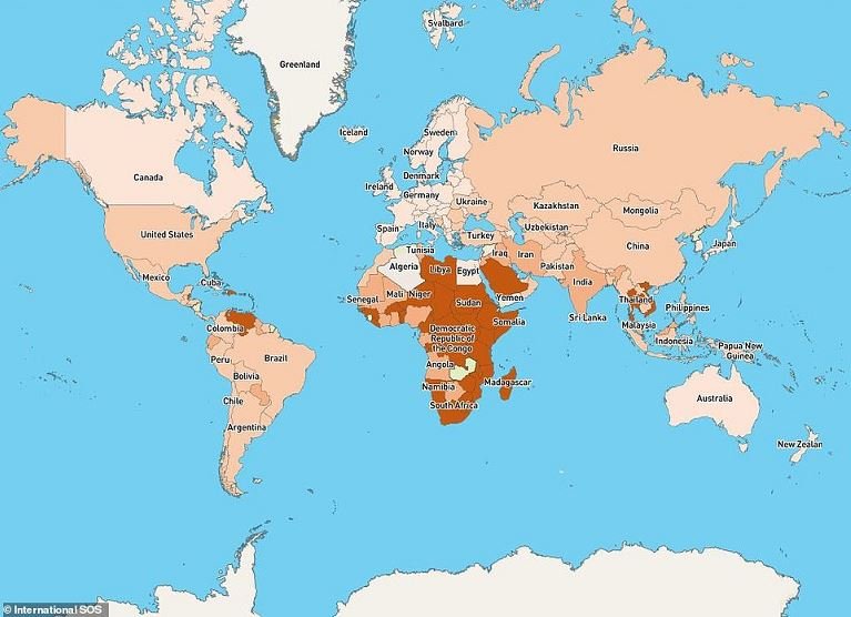 This map shows countries categorised according to road safety risks, with very low marked in pale pink, low in very light brown, moderate in a slightly darker shade and high and very high risk countries picked out using even darker browns