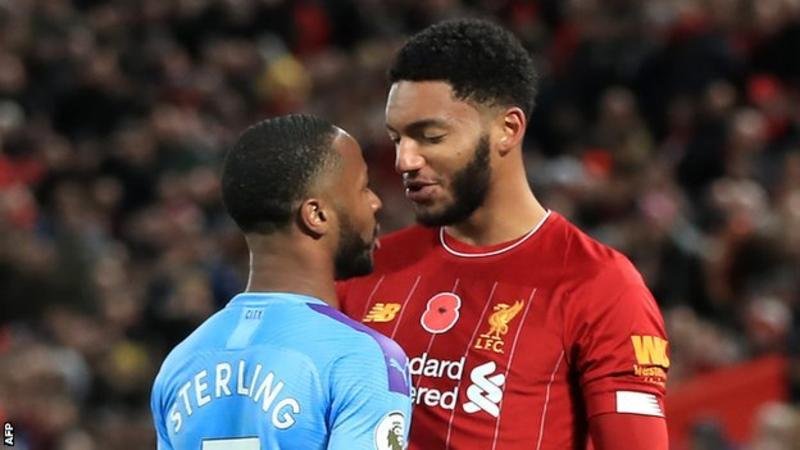 Joe Gomez and Raheem Sterling during Sunday's Premier League match at Anfield