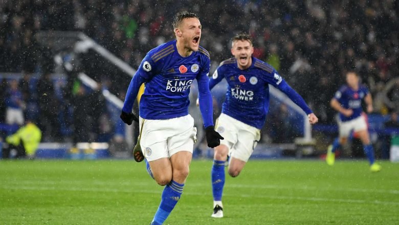 Jamie Vardy header was turned in by Norwich goalkeeper Tim Krul