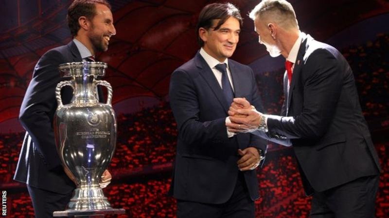 England manager Gareth Southgate with his two known opponents in Group D - Croatia boss Zlatko Dalic and Czech Republic coach Jaroslav Silhavy