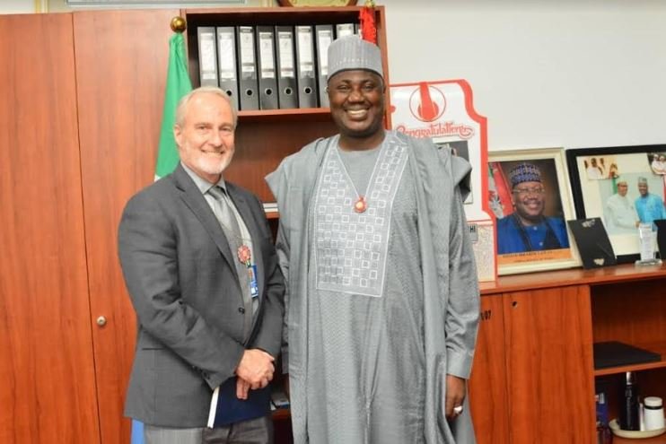 Deputy Chief Whip of the Senate, Senator Aliyu Sabi Abdullahi with the Political Officer of the Embassy of the United States of America, Jerry Howard, during a meeting with the Senator on the Hate Speech bill at the National Assembly