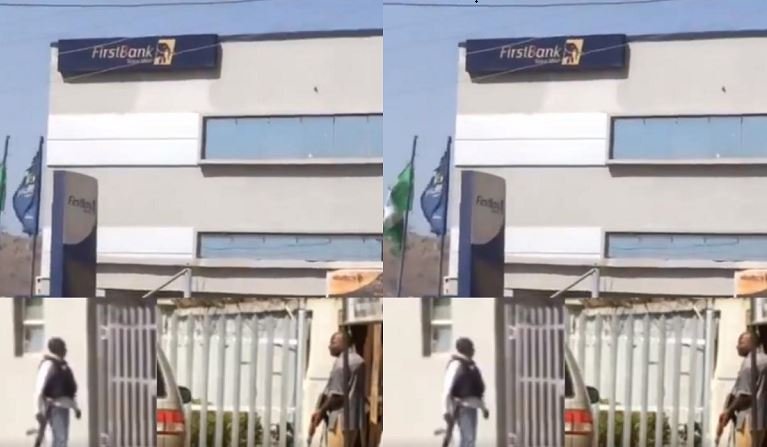 Security operatives outside the First Bank office in Mpape, Abuja