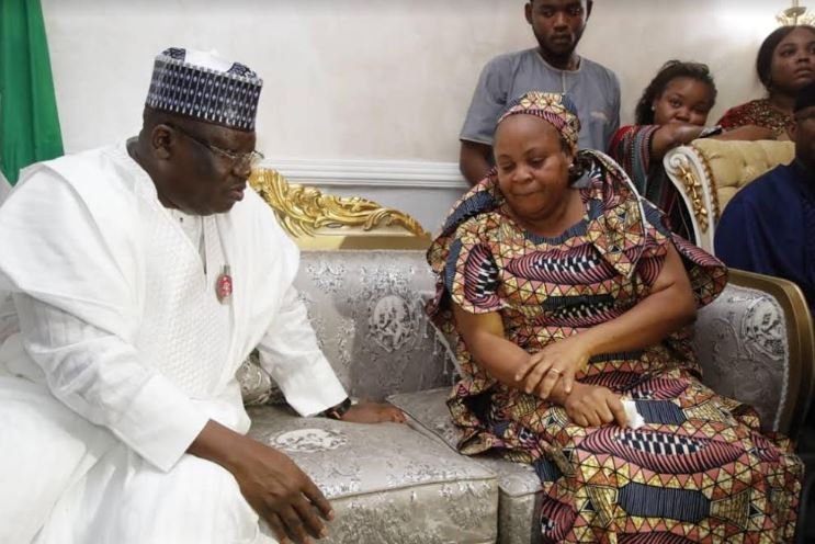 Senate President Ahmad Lawan with wife of deceased senator, Mrs. Helen Uwajumogu during a condolence visit on Thursday, December 19, 2019.