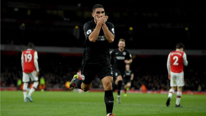 Neal Maupay celebrates scoring the winning goal at Arsenal