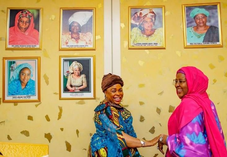 Patience Jonathan and First Lady Aisha Buhari at the Presidential Villa in Abuja on Tuesday