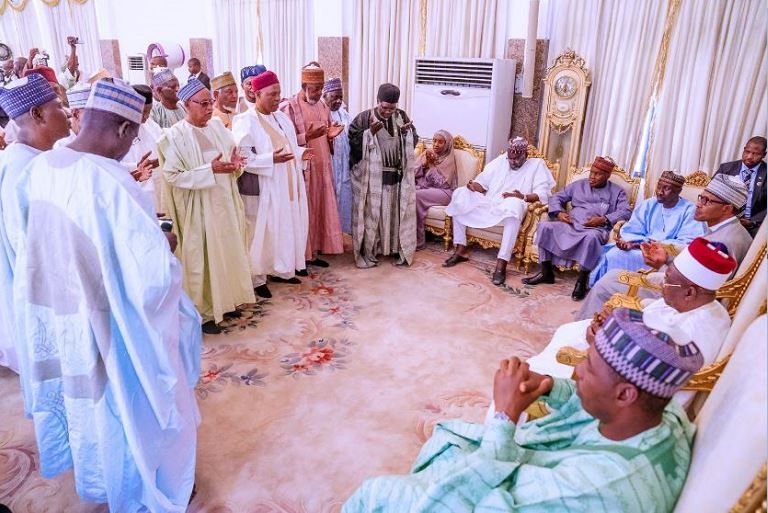 President Muhammadu Buhari at the palace of the Shehu of Borno during a condolence visit to Borno