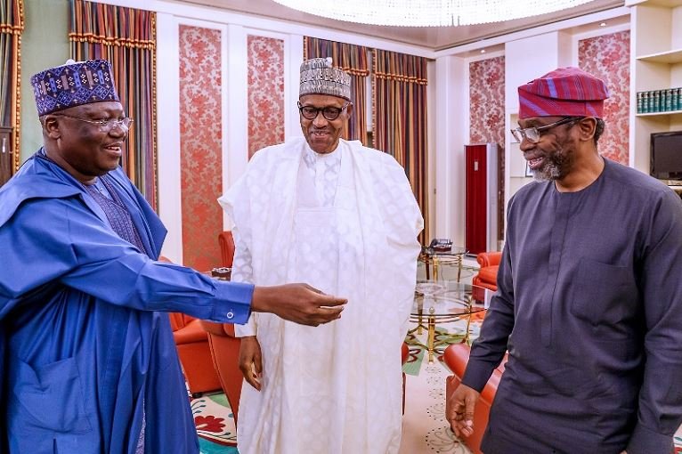 FILE: Senate President Ahmed Lawan; President Muhammadu Buhari and Speaker, House of Representatives, Femi Gbajabiamila during their meeting at the Presidential Villa Supreme Court