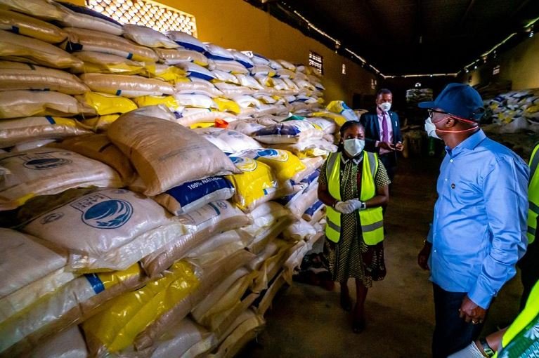 Lagos State Governor, Mr. Babajide Sanwo-Olu (right), and his Special Adviser on Agriculture, Ms. Abisola Olusanya (left) during an inspection of the COVID-19 Emergency Food Response by the Lagos Government, at the Ministry of Agriculture and Cooperatives premises in Agege, on Friday, March 27, 2020