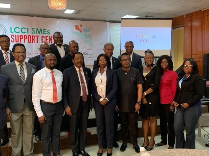 Helen Nwelle, Group Head, MSME and Value Chain Management of Keystone Bank Limited with executives of the Lagos Chambers of Commerce and Industry (LCCI) and other business consultants, at the launch of the LCCI SME Support Centre, in Lagos recently