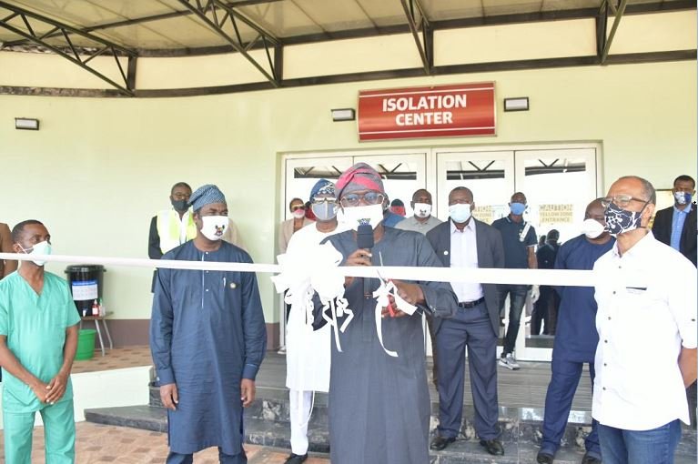 L-R: Dr. Tope Oguniyan; Lagos State Deputy Governor, Dr. Obafemi Hamzat; Governor Babajide Sanwo-Olu and Commissioner for Health, Prof. Akin Abayomi during the opening of Isolation Centre for the Coronavirus treatment at the Gbagada General Hospital, on Friday, May 1, 2020.