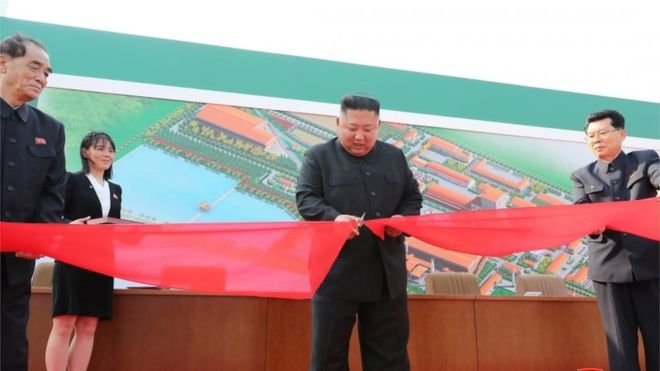 State media issued this picture said to show Kim Jong-un opening a fertiliser plant on Friday