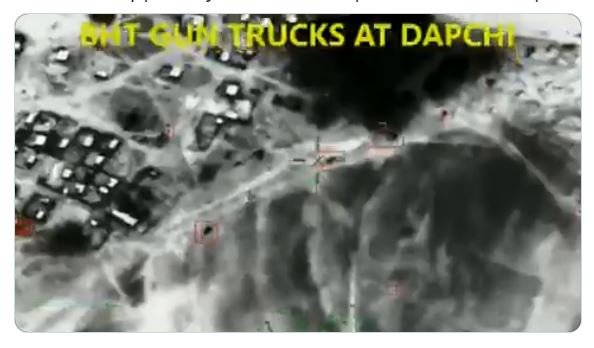 Still satellite image of Air Task Force attack on Boko Haram and destruction of their gun trucks