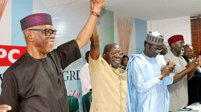 Former APC national chairmen, Chief John Oyegun and Comrade Adams Oshiomhole