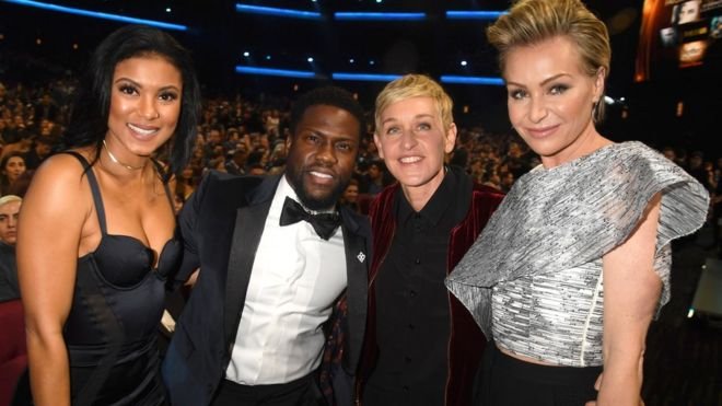 Kevin Hart and Ellen DeGeneres with their partners, Eniko Parrish and Portia de Rossi, in 2017
