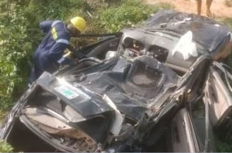 LASEMA officials trying to rescue occupants of the car after a collision with a Keke Marwa in Epe, Lagos